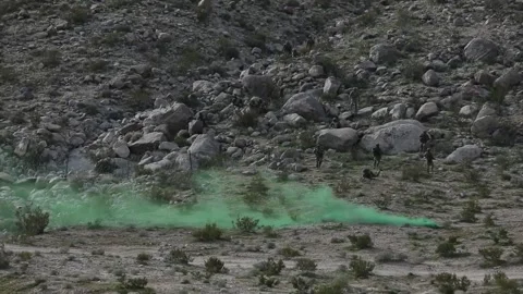 Army soldiers using smoke screen to advance on foot through desert terrrain Stock Footage 268823514