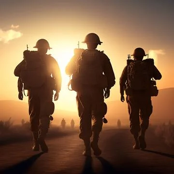 Army special forces team walking in dramatic afternoon with uniforms and guns Stock Illustration