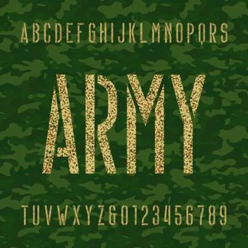 Army stencil alphabet font. Type letters and numbers. Stock Illustration