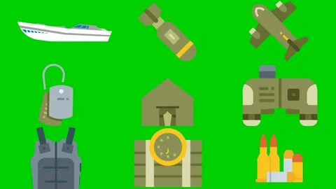 Army supplies on green screen featuring boat bomb airplane tag barracks Stock Footage 334704240