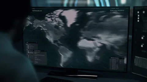 Army system ui searching for the target position on the digital planet map Vídeos de archivo 280942459
