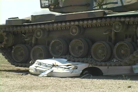 Army Tank crushing Car w/ Sound #3 Stock Footage