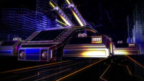 An army tank is floating above the ground in the futuristic cyber tech city Stock Footage 204990225