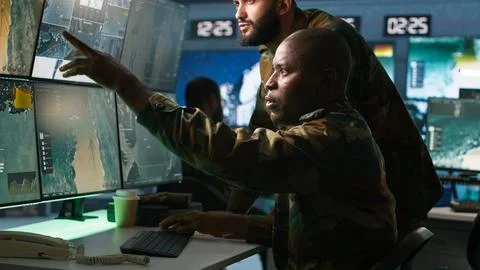 Army telecommunications operators inputting data on systems Stock Photos