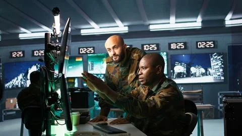 Army telecommunications operators inputting data on systems Foto stock