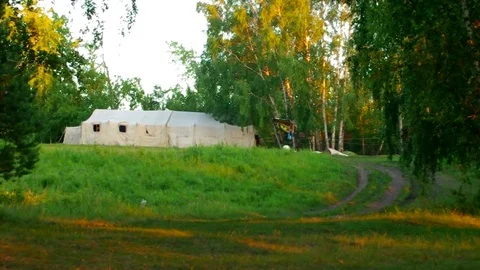Army tent stands in the forest 库存影片 79793454