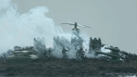 Army vehicles toy exploding near a castle, Ultra Slow Motion 動画素材 86696848