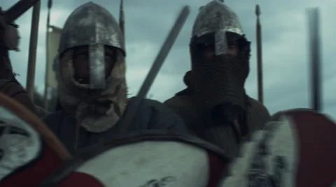 Army of Vikings Before Battle. Medieval Reenactment.  Stock Footage