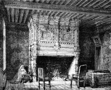 Arnay-le-Duc. Fireplace in one of the castle, vintage engraving. Stock Illustration
