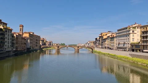 The Arno River and Ponte Santa Trinita in Florence, Italy Stock Footage 344666751