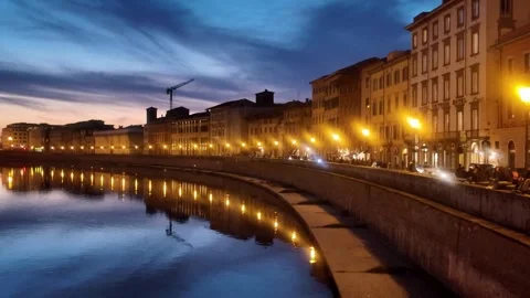 Arno River Waterfront - Cityscape Reflections at Dusk. Stock Footage 329959865