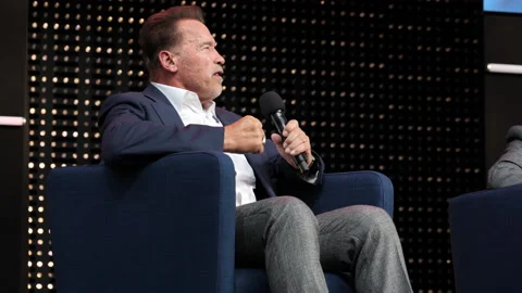 Arnold Schwarzenegger talking about earth future on public Event in Germany Stock Footage 164458894