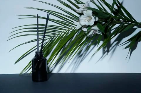 Aroma diffuser and Alstroemeria flower on tropical leaves Stock Photos