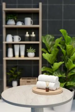 Aroma diffuser and towels on tray over marble stool table in a modern spa b.. Stock Illustration