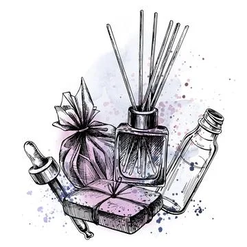 Aroma diffuser, bath bomb, handmade soap, serum with dropper. Hand-drawn イラスト素材