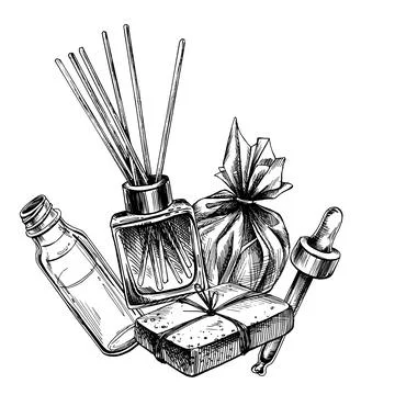 Aroma diffuser, bath bomb, handmade soap, serum with dropper. Graphic Illustrazione stock