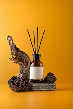 Aroma diffuser in brown glass bottle with sticks, driftwood and dried lotus p Stock Photos