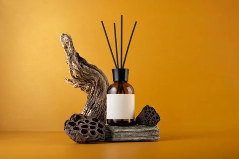 Aroma diffuser in brown glass bottle with sticks, driftwood and dried lotus p Stock Photos