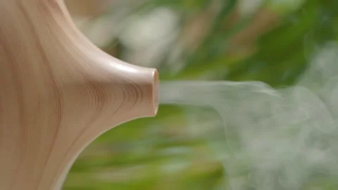 Aroma diffuser releases white steam mist against blurred green plants backg.. Stock Footage 332140982