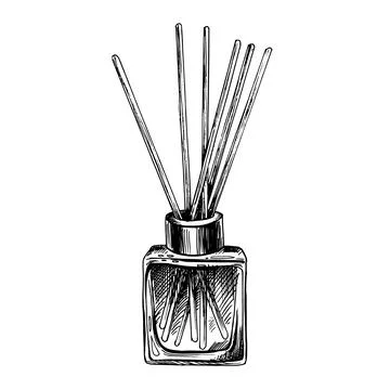 Aroma diffuser in a square glass bottle with sticks. Graphic illustration, hand Illustrazione stock