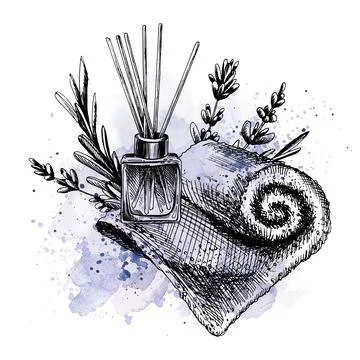 Aroma diffuser, towel with lavender flowers. Hand-drawn illustration, graphic Illustrazione stock