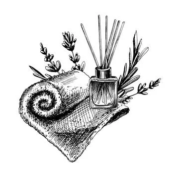 Aroma diffuser, towel with lavender flowers. Hand drawn illustration, EPS Stock Illustration