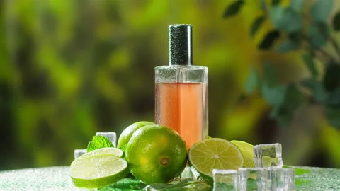 Aroma oil close-up. Spray diffuser and limes on nature background. Perfume for Stock-Footage 166577132