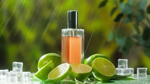 Aroma oil close-up. Spray diffuser and limes on nature background. Perfume for Stock-Footage 166581647