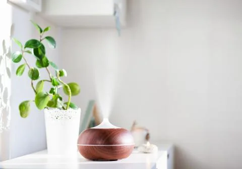 Aroma oil diffuser on table at home. Air freshener Stock Photos