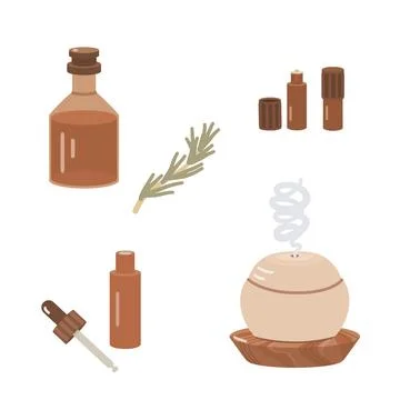 Aroma oil set. Essence diffuser, jars, bottles with oil. Flat vector イラスト素材