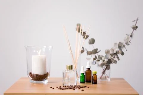 Aroma reed diffuser, candle and essential oil Stock Photos