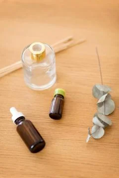 Aroma reed diffuser, essential oil and eucalyptus Stock Photos