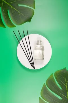 Aroma reed diffuser with monstera leaves on green background Stock Photos