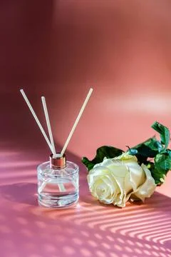 Aroma-Schilfdiffusor Aroma reed diffuser and rose flower, home fragrance b... Stock Photos