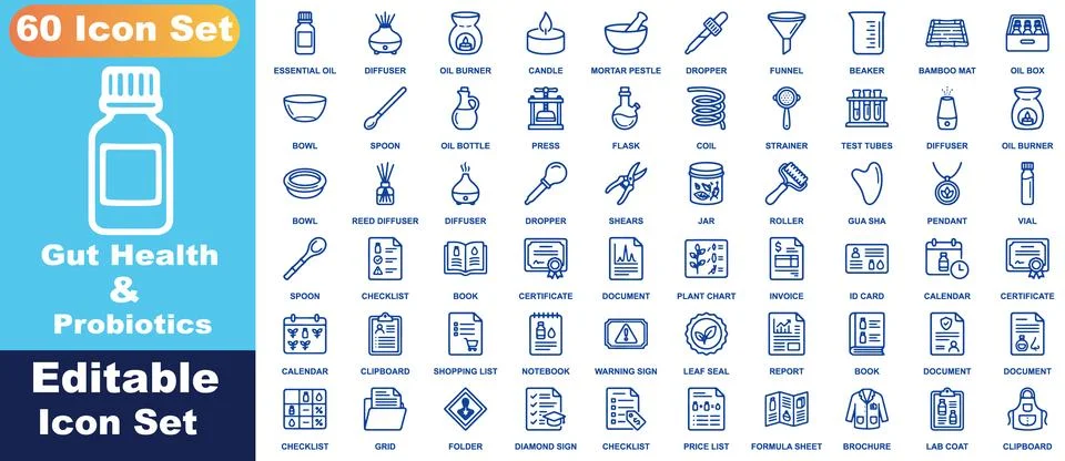 Aromatherapy and essential oils icon set, 60 blue line icons including diff.. Stock Illustration