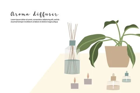 Aromatherapy. Aroma diffuser, essential oil, incense stick, scented candle Stock Illustration