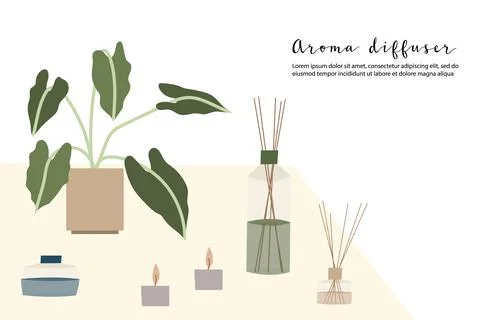 Aromatherapy. Aroma diffuser, essential oil, incense stick, scented candle Stock Illustration