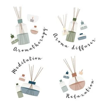 Aromatherapy. Aroma diffuser, essential oil, incense stick, scented candle Stock Illustration