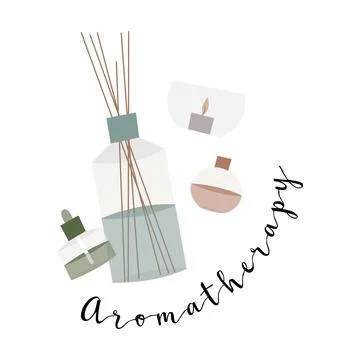 Aromatherapy. Aroma diffuser, essential oil, incense stick Stock Illustration