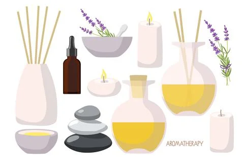 Aromatherapy with candles set. Aroma diffusers, yellow essential oil in bottle Stock Illustration
