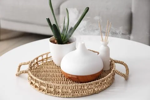 Aromatherapy diffuser with essential oil mist and reed sticks on a woven tray Stock Photos