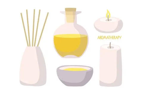 Aromatherapy icon set with essential oil, diffuser and candles. Bottles with Stock Illustration