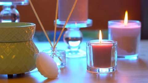 Aromatherapy macro closeup table setting Stock Footage 79511171