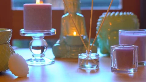 Aromatherapy macro closeup table setting Stock Footage