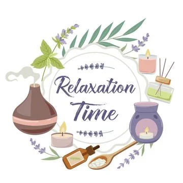 Aromatherapy round banner with herbs, spa and relax items. Stock Illustration