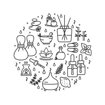 Aromatherapy Round Design Template Thin Line Icon Concept. Vector Illustrazione stock