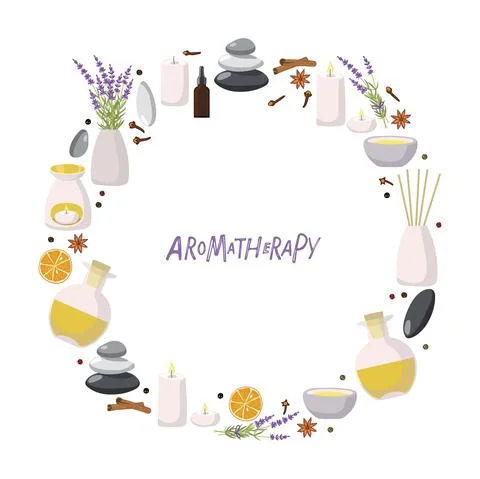 Aromatherapy round frame. Aroma diffusers, yellow essential oil in bottle Stock Illustration