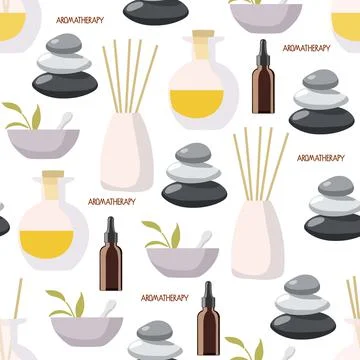 Aromatherapy seamless pattern. Aroma diffuser, essential oil in bowl, lavender Illustrazione stock