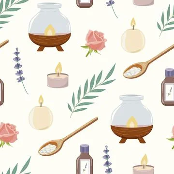 Aromatherapy seamless pattern with candles and herbs Stock Illustration