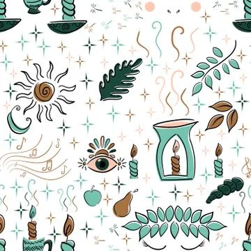 Aromatherapy seamless pattern. Elements for spa isolated on white. Sketch doodle Stock Illustration